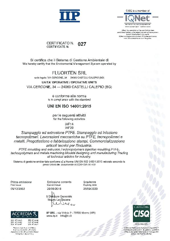 Immagine FLUORTEN Certificazione ISO 14001:2015