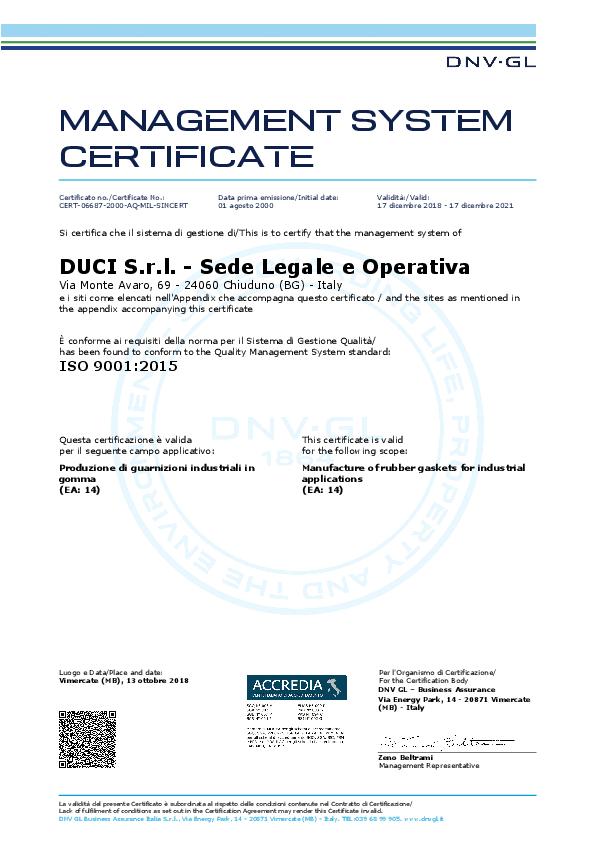 Immagine DUCI Certificate ISO 9001:2015