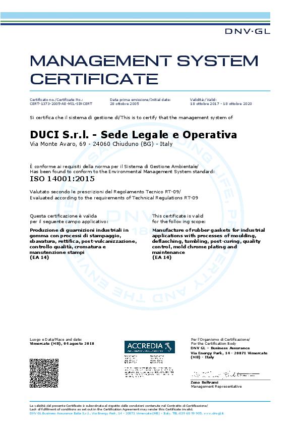 Immagine DUCI Certificate ISO 14001:2015