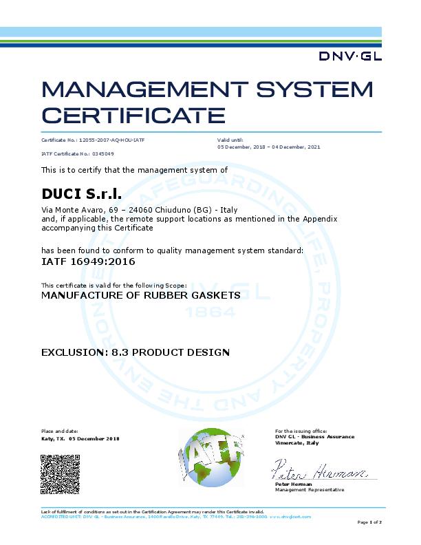 Immagine DUCI Certificate IATF 16949:2016