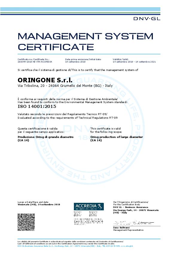 Immagine ORINGONE Certificate ISO 14001:2015