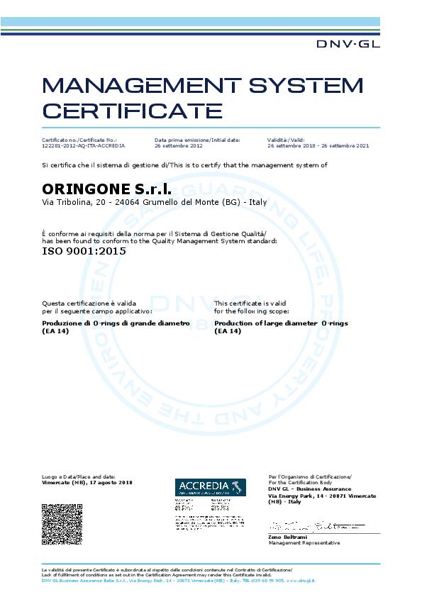 Immagine ORINGONE Certificate ISO 9001:2015